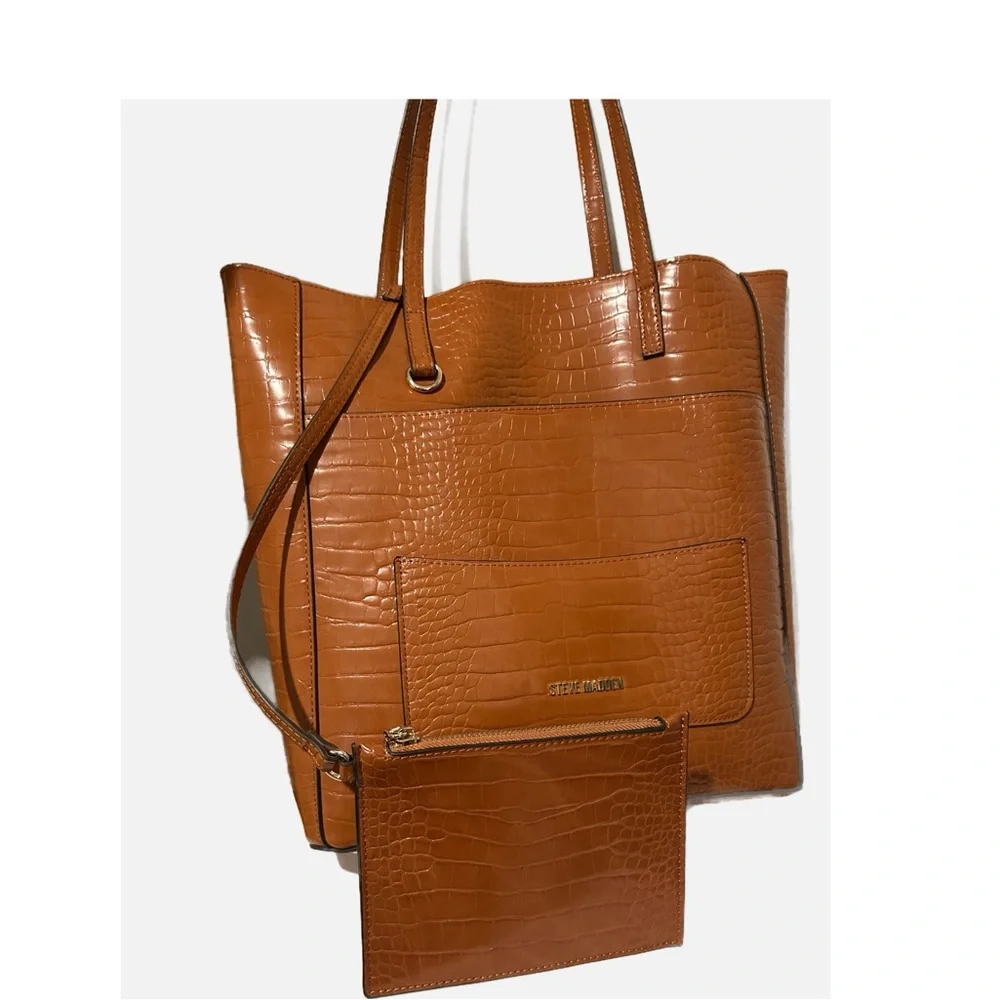 Steve Madden Kimmy multi pouch croco embossed faux leather tan tote.